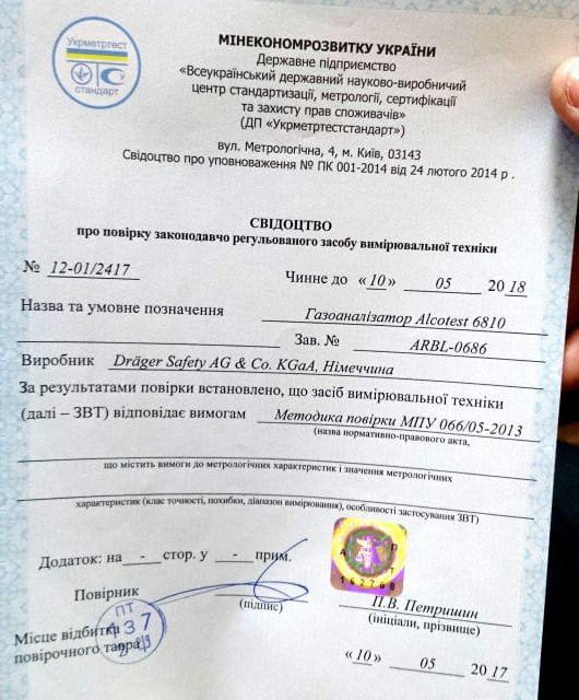 Свідоцтво про повірку алкотестера